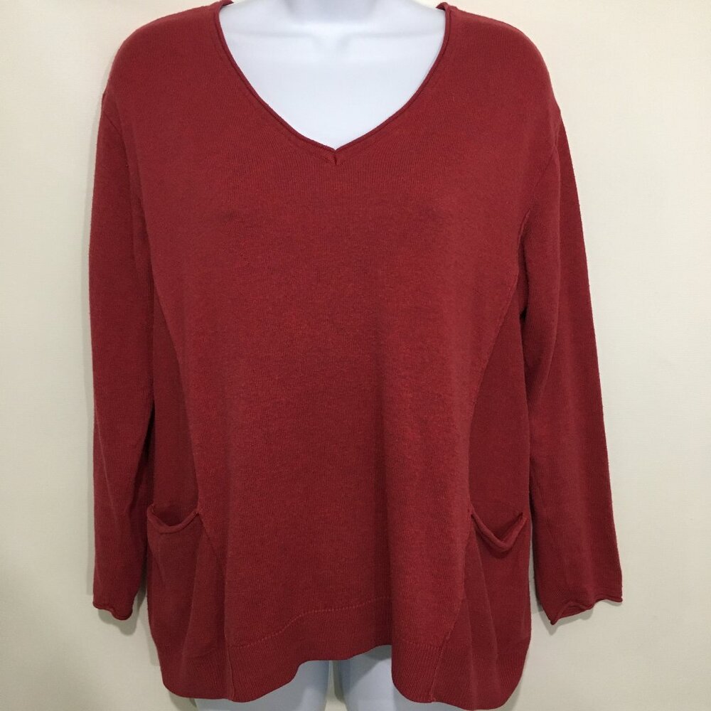 J. Jill XSP Petite Red Cotton Blend V-Neck Pullover Long-Sleeve Sweater Pockets